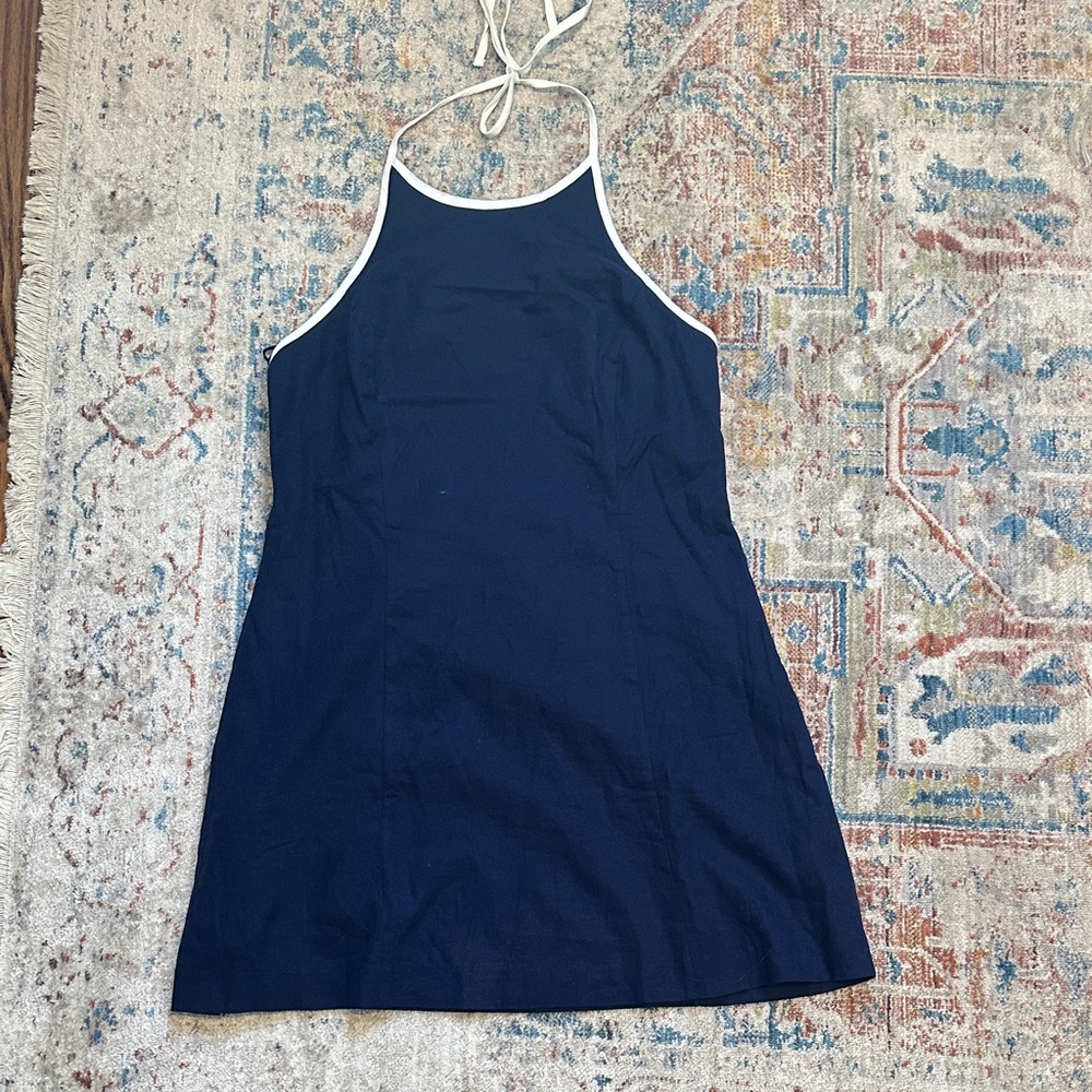Navy Linen Blend Halter Dress with White Trim